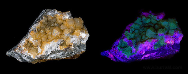 Calcite covered by chalcedony from Vlastejovice, Czech republic in visible and UV light