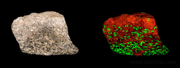 Typical Franklin, New Jersey calcite and willemite UV fluorescence